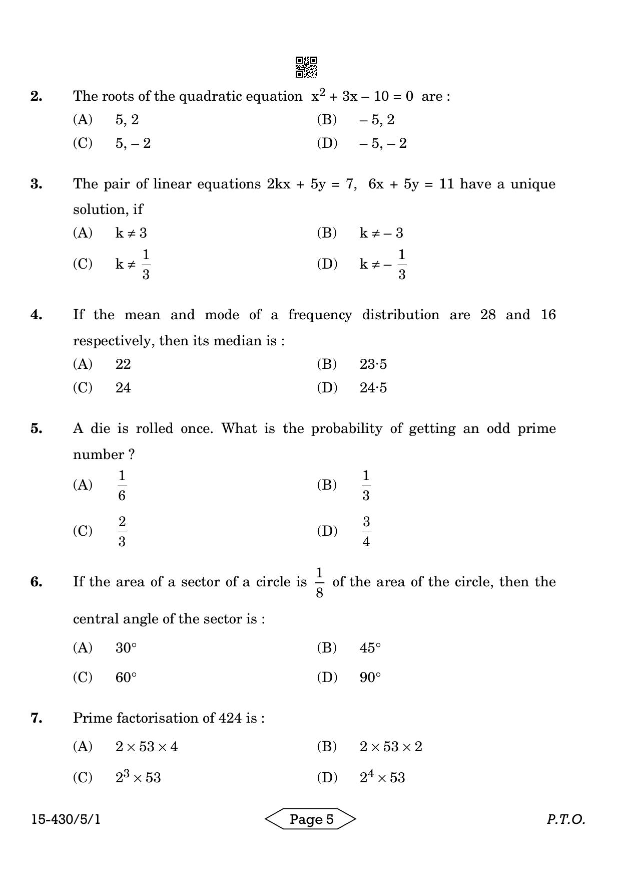 CBSE Class 10 430-5-1 Mathematics Basic 2024 Question Paper - Page 5
