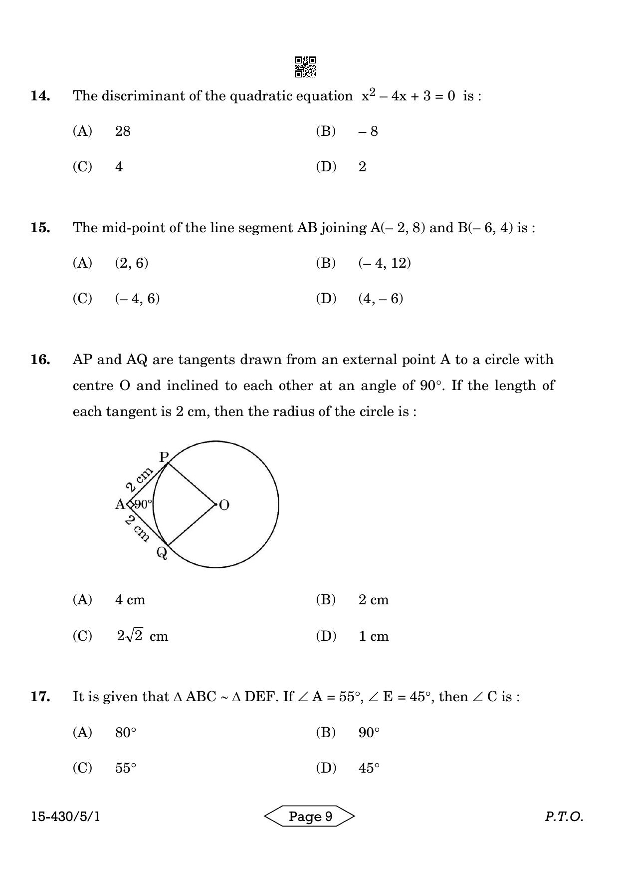 CBSE Class 10 430-5-1 Mathematics Basic 2024 Question Paper - Page 9