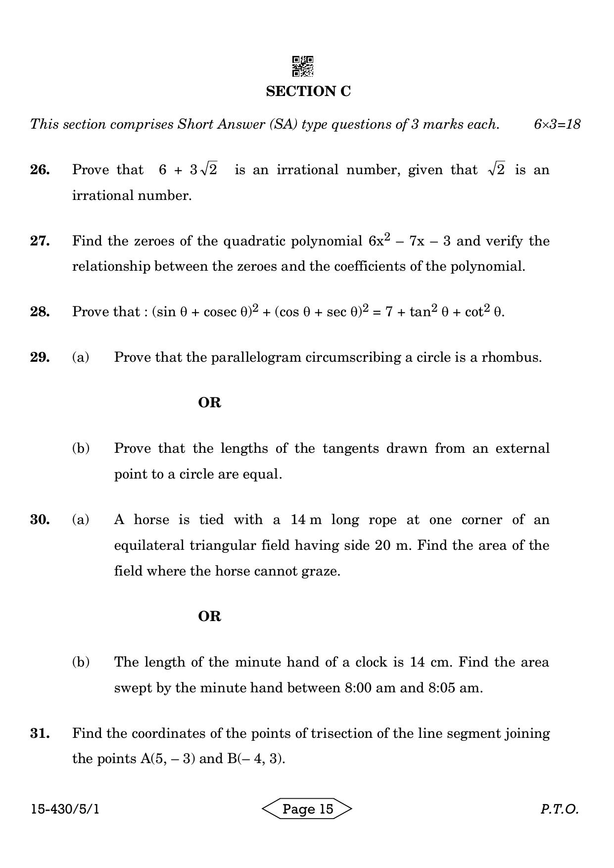 CBSE Class 10 430-5-1 Mathematics Basic 2024 Question Paper - Page 15
