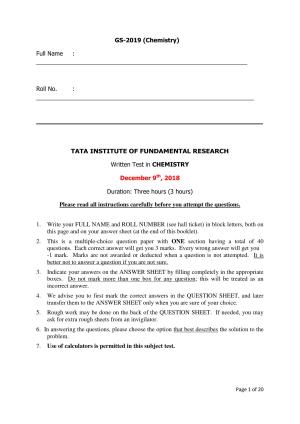 TIFR GS 2019 Chemistry Question Paper
