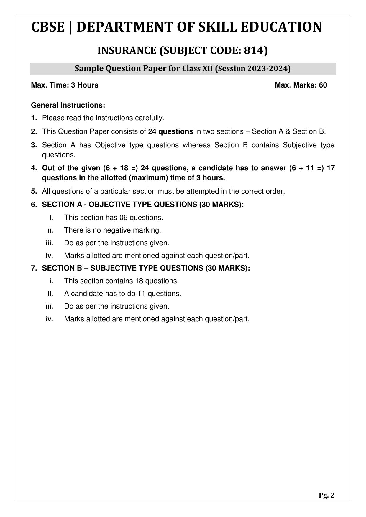 CBSE Class 12 (Skill Education) Insurance 2024 Sample Paper - Page 2