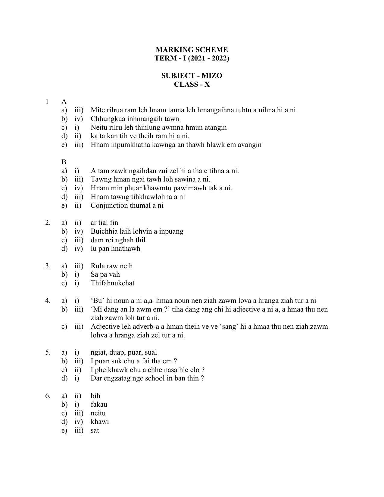 CBSE Class 10 Mizo Marking Scheme and Solutions 2021-22 - Page 1