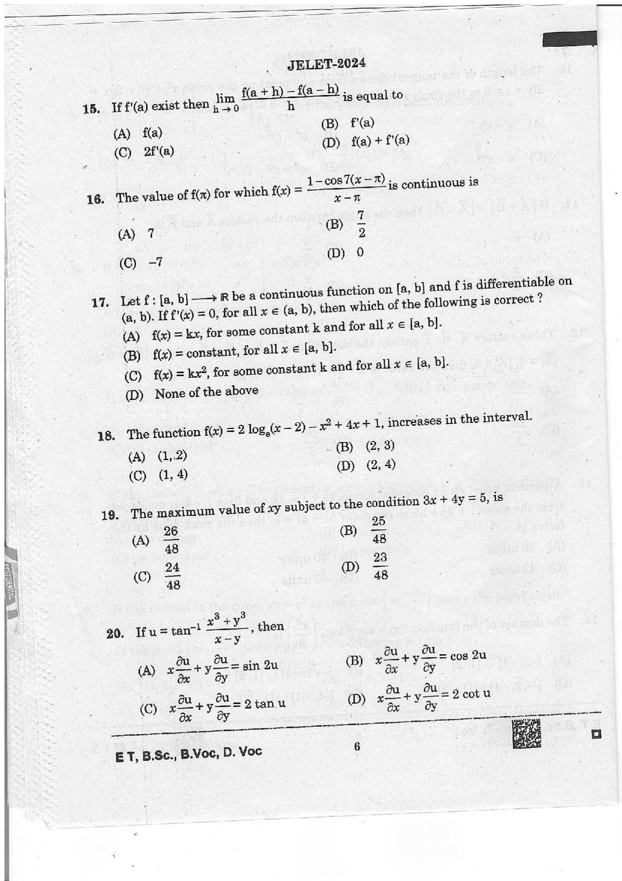 WBJEE JELET 2024 Paper 1 (ET, B.Sc, B.Voc, D.Voc) Question Papers - Page 6
