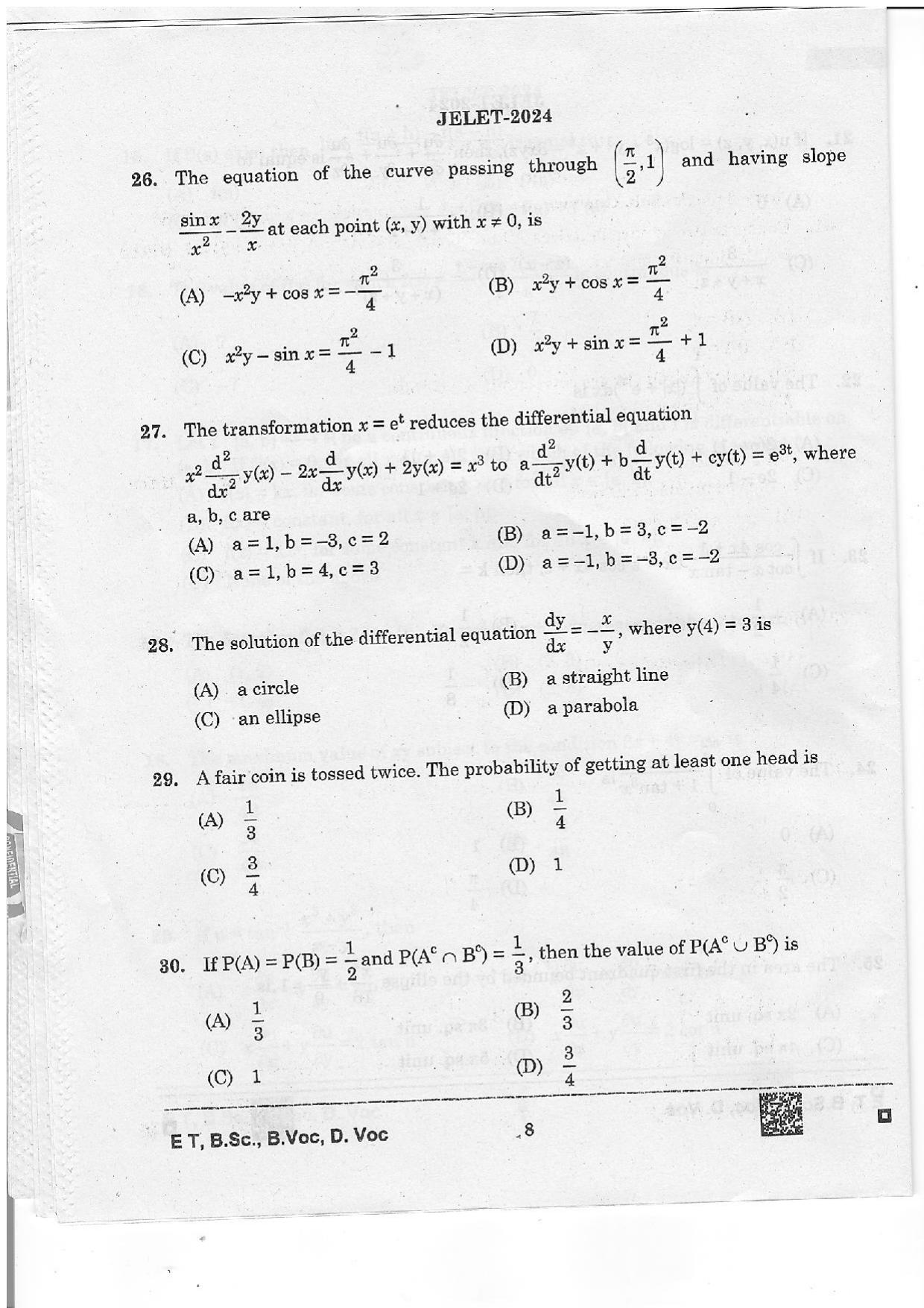 WBJEE JELET 2024 Paper 1 (ET, B.Sc, B.Voc, D.Voc) Question Papers - Page 8