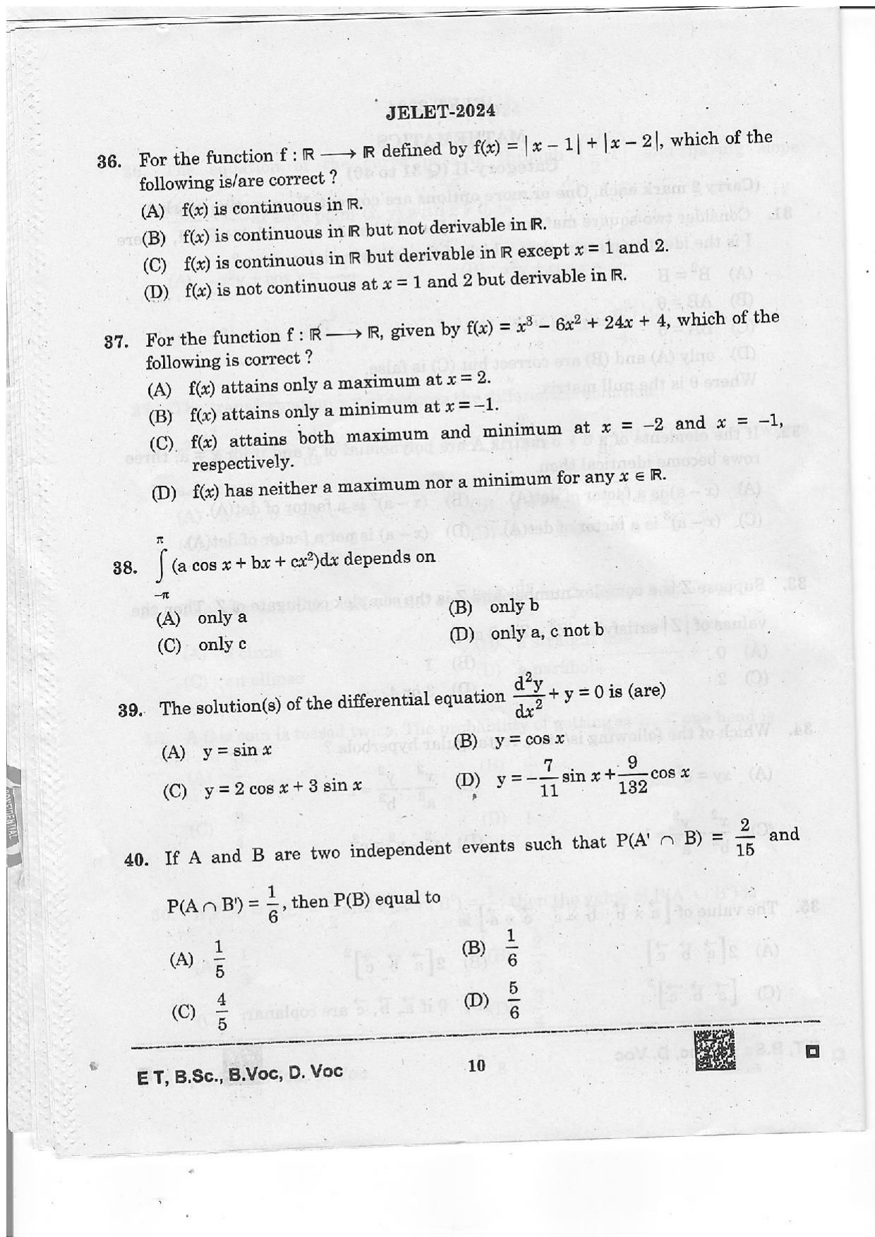 WBJEE JELET 2024 Paper 1 (ET, B.Sc, B.Voc, D.Voc) Question Papers - Page 10