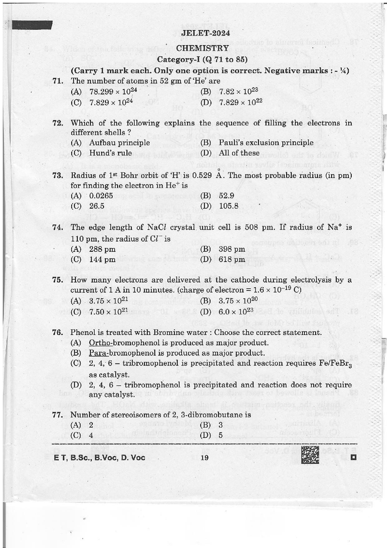 WBJEE JELET 2024 Paper 1 (ET, B.Sc, B.Voc, D.Voc) Question Papers - Page 19