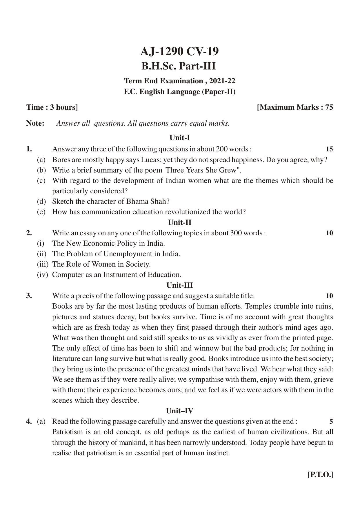 Bilaspur University Question Paper 2021-2022:B.Sc. Home Science Part-III FC:English Language Paper 1 - Page 1