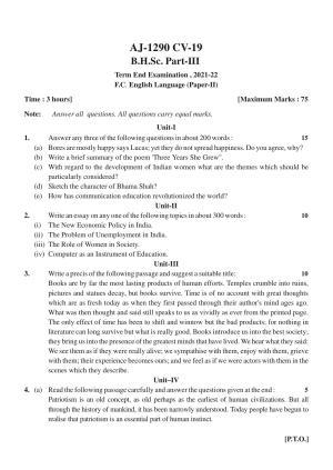Bilaspur University Question Paper 2021-2022:B.Sc. Home Science Part-III FC:English Language Paper 1