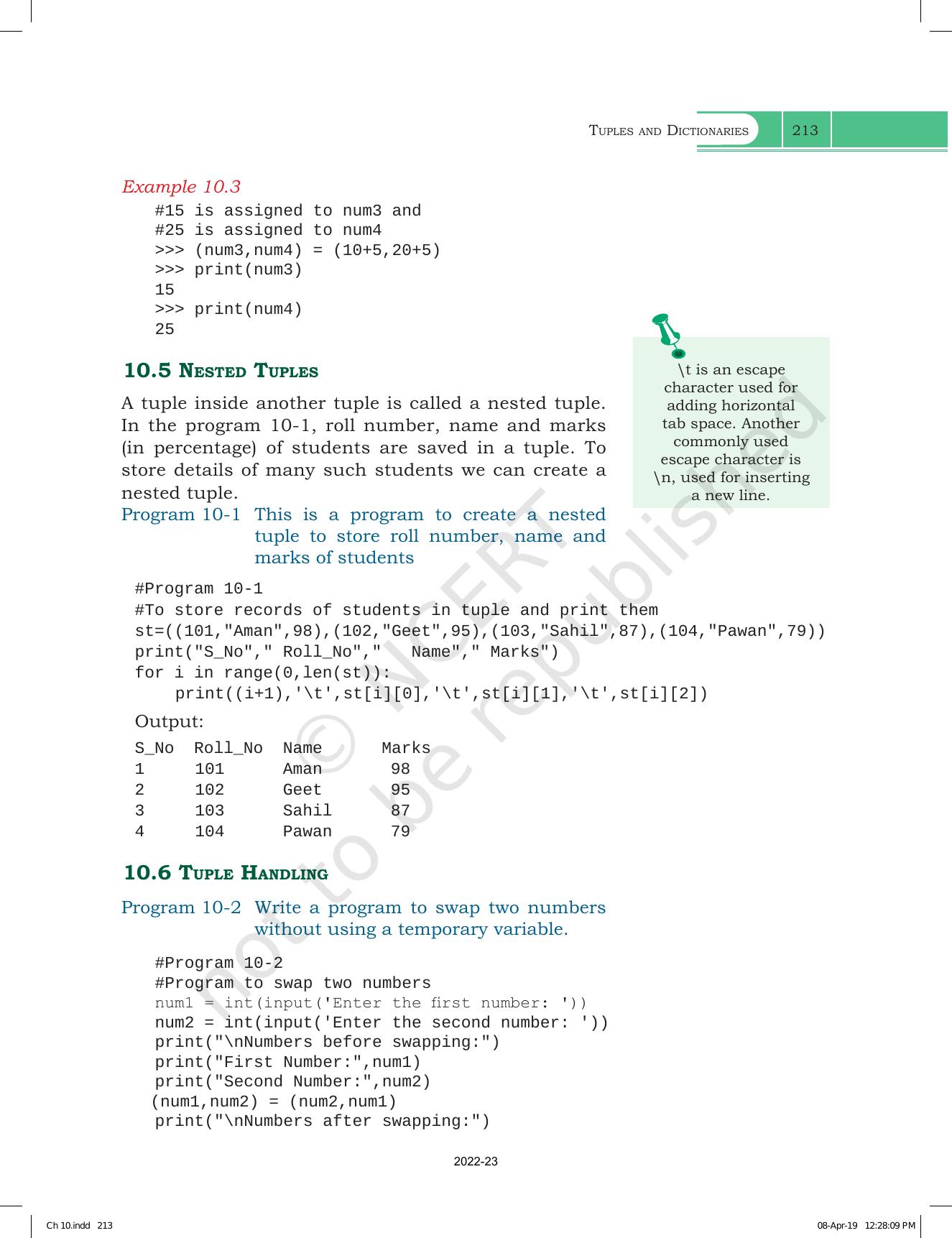 NCERT Book for Class 11 Computer Science Chapter 10 Tuples and Dictionaries - Page 7