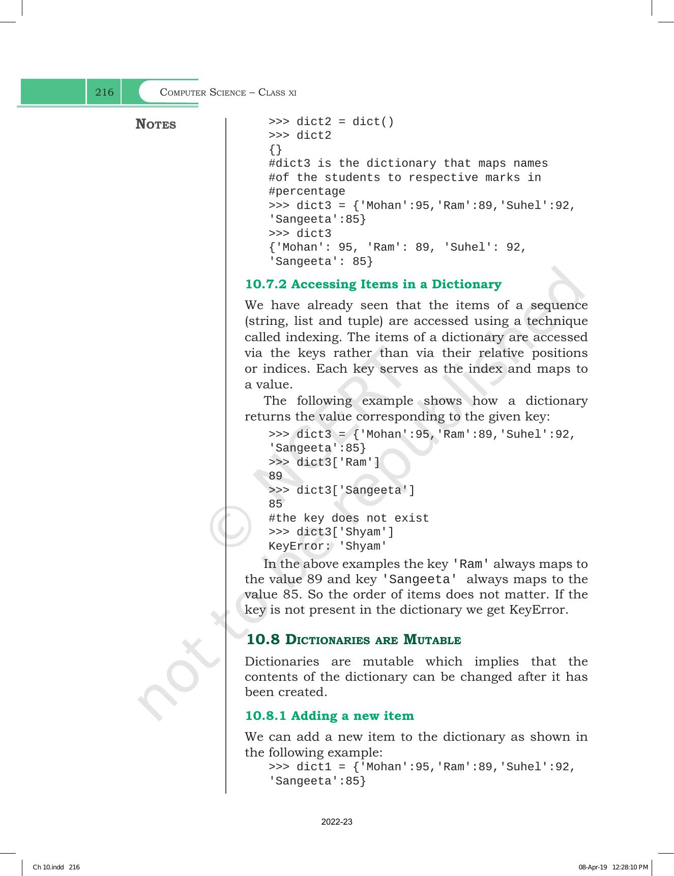 NCERT Book for Class 11 Computer Science Chapter 10 Tuples and Dictionaries - Page 10