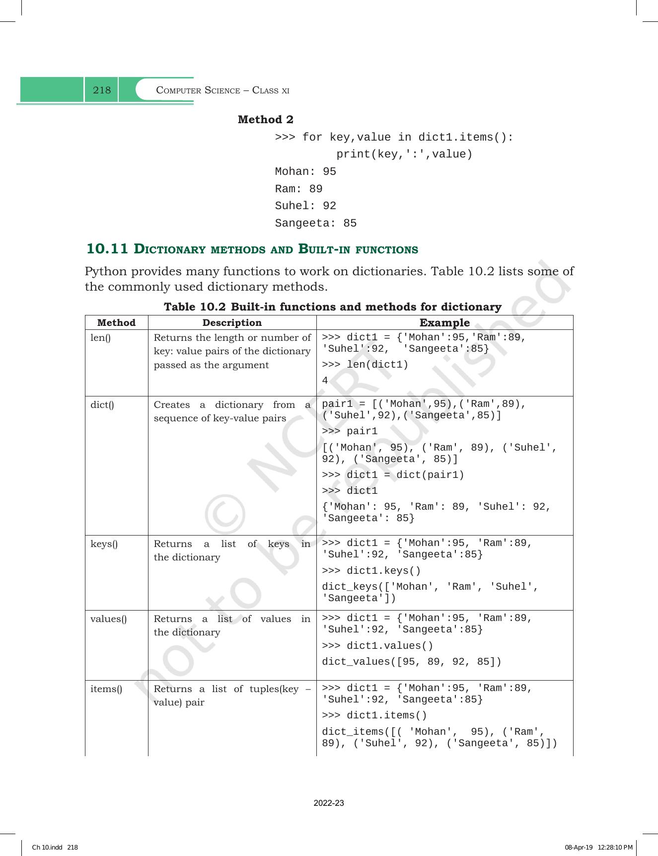 NCERT Book for Class 11 Computer Science Chapter 10 Tuples and Dictionaries - Page 12