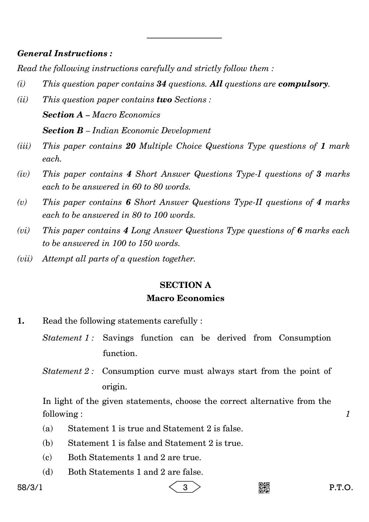 CBSE Class 12 58-3-1 Economics 2023 Question Paper - Page 3