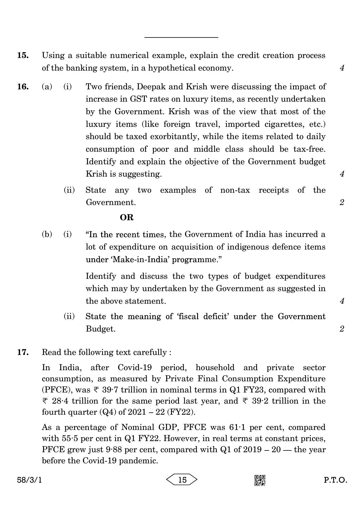 CBSE Class 12 58-3-1 Economics 2023 Question Paper - Page 15