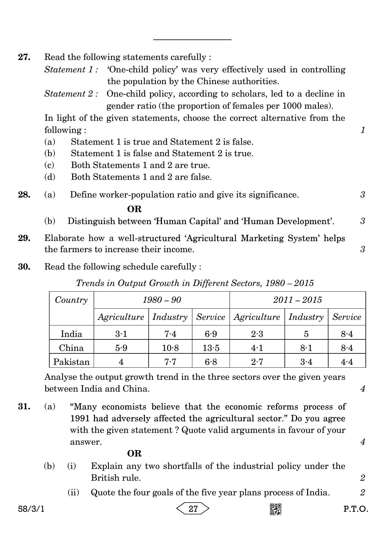 CBSE Class 12 58-3-1 Economics 2023 Question Paper - Page 27