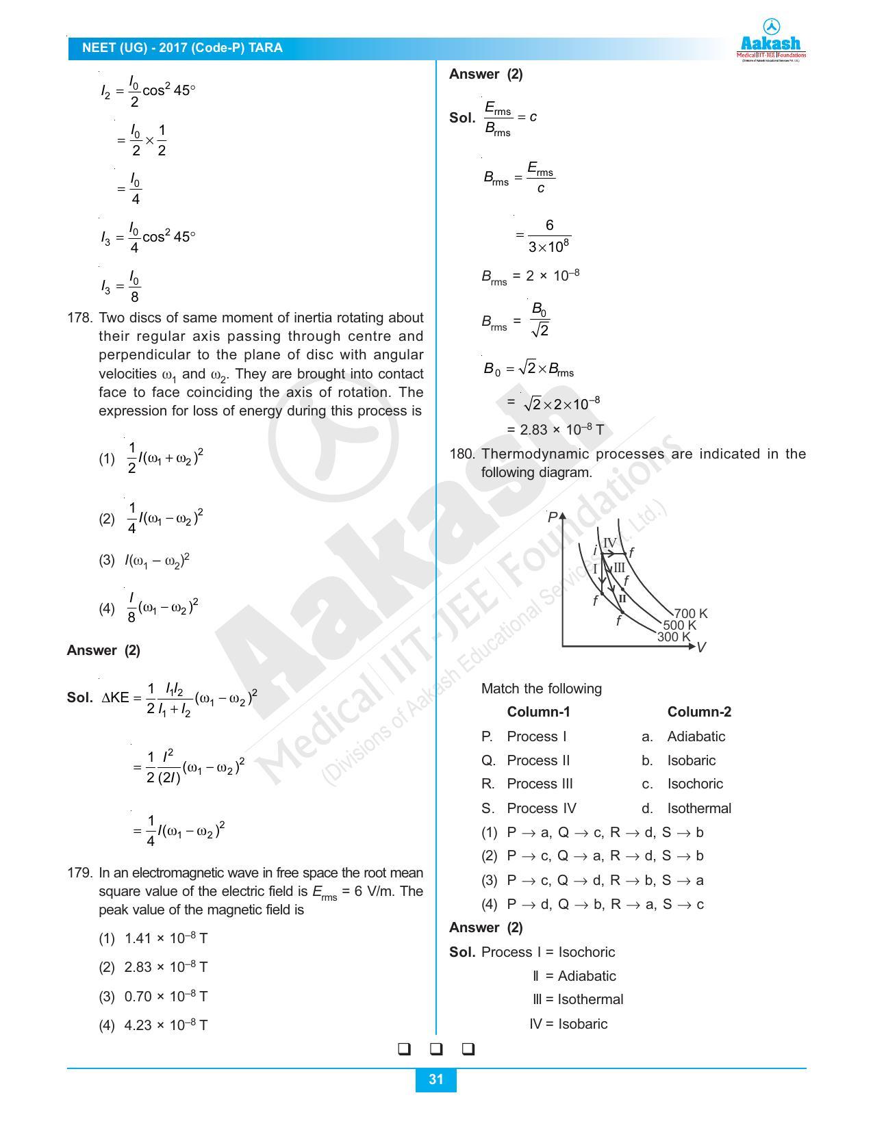 NEET Code P 2017 Answer & Solutions - Page 31