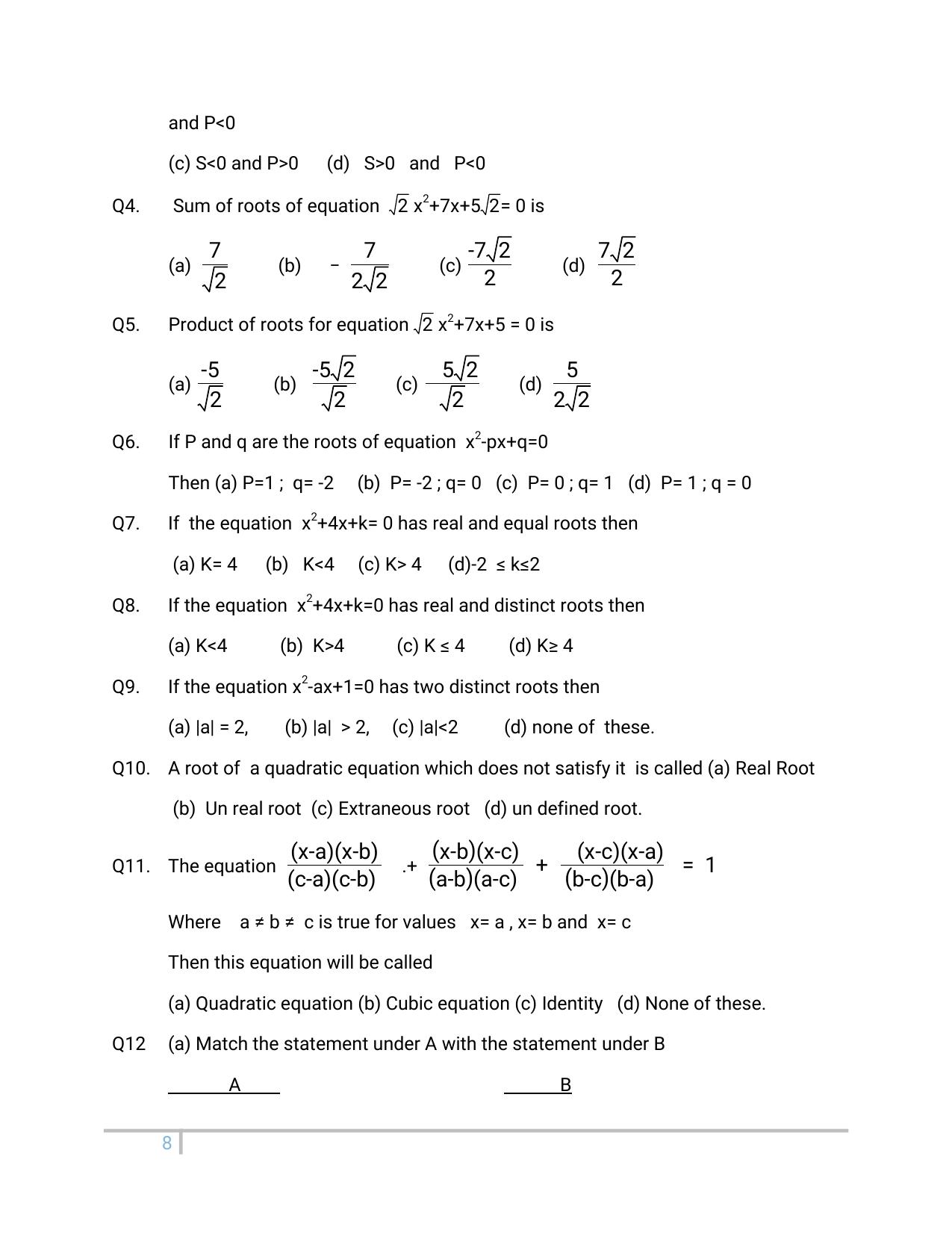 JKBOSE Class 10 Maths: Chapter 4th Quadratic Equation Question Bank - Page 8