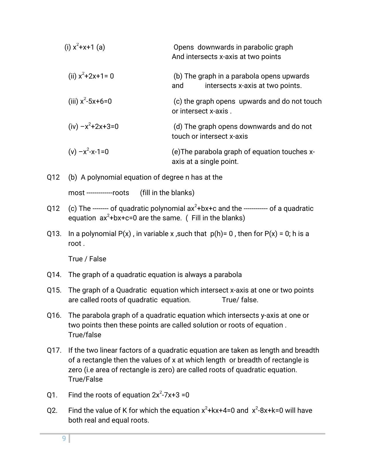 JKBOSE Class 10 Maths: Chapter 4th Quadratic Equation Question Bank - Page 9
