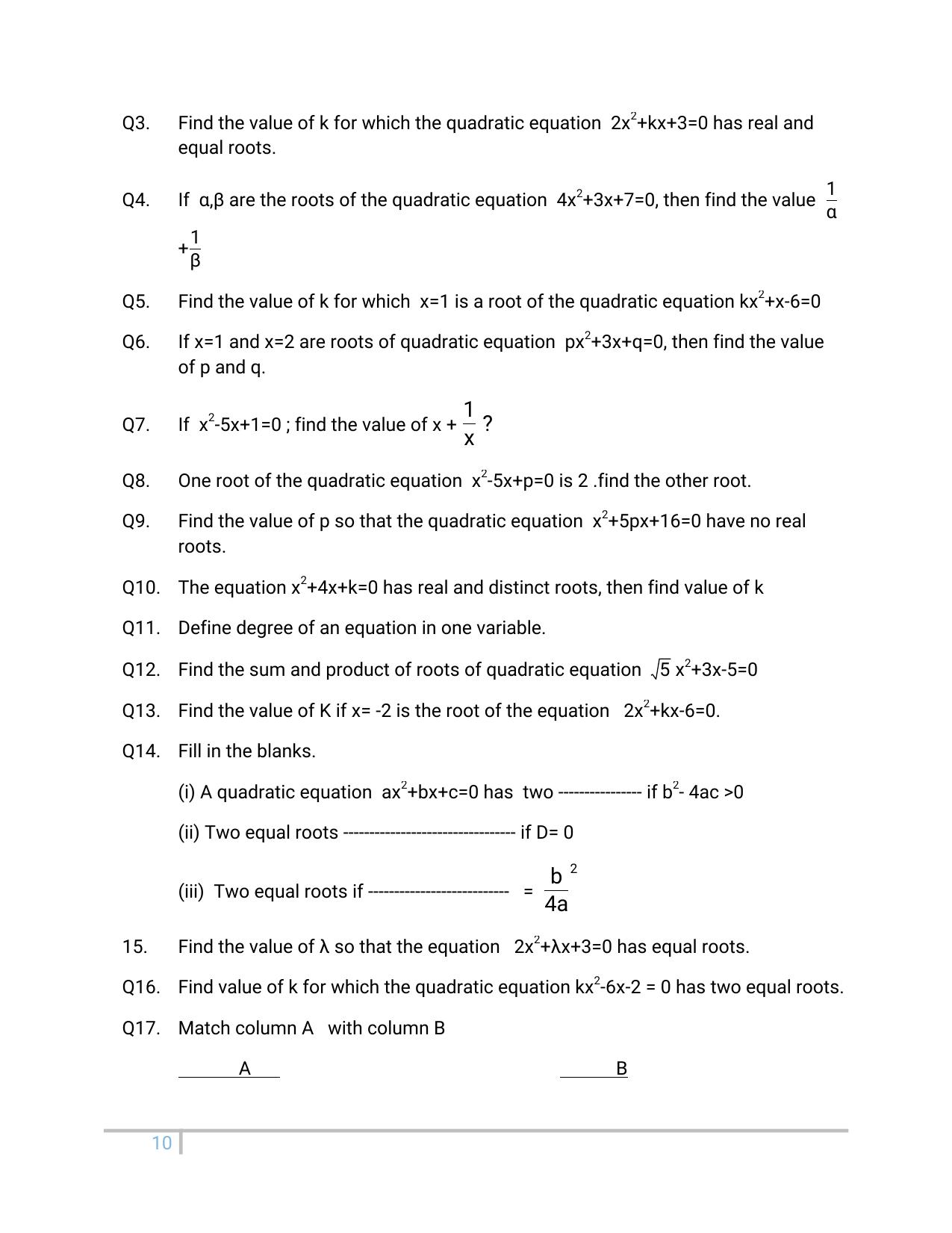 JKBOSE Class 10 Maths: Chapter 4th Quadratic Equation Question Bank - Page 10