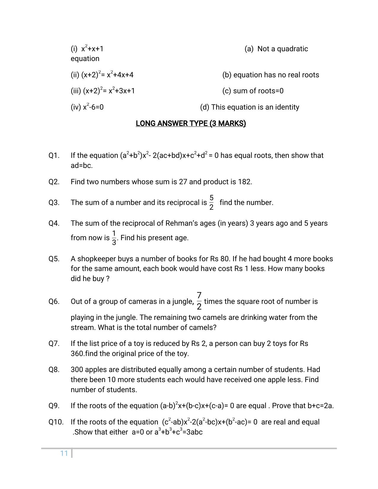 JKBOSE Class 10 Maths: Chapter 4th Quadratic Equation Question Bank - Page 11