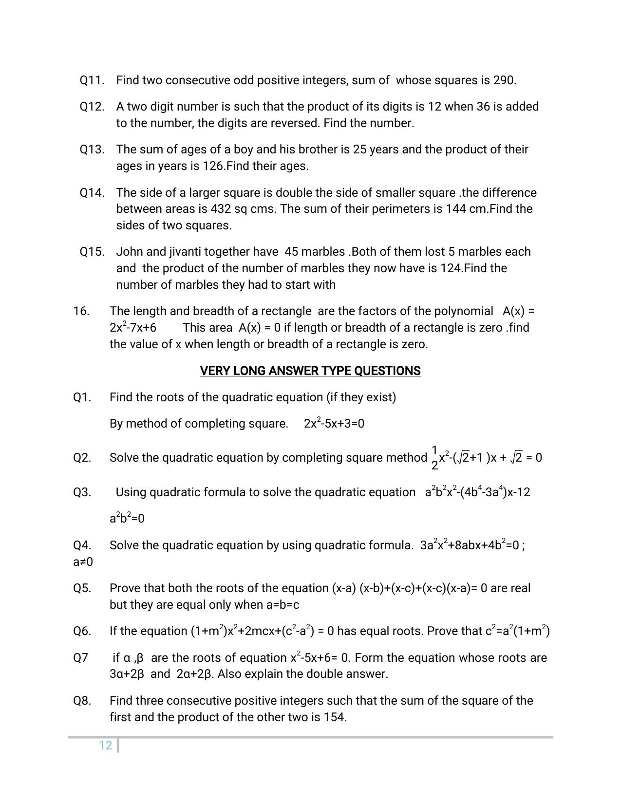 JKBOSE Class 10 Maths: Chapter 4th Quadratic Equation Question Bank - Page 12