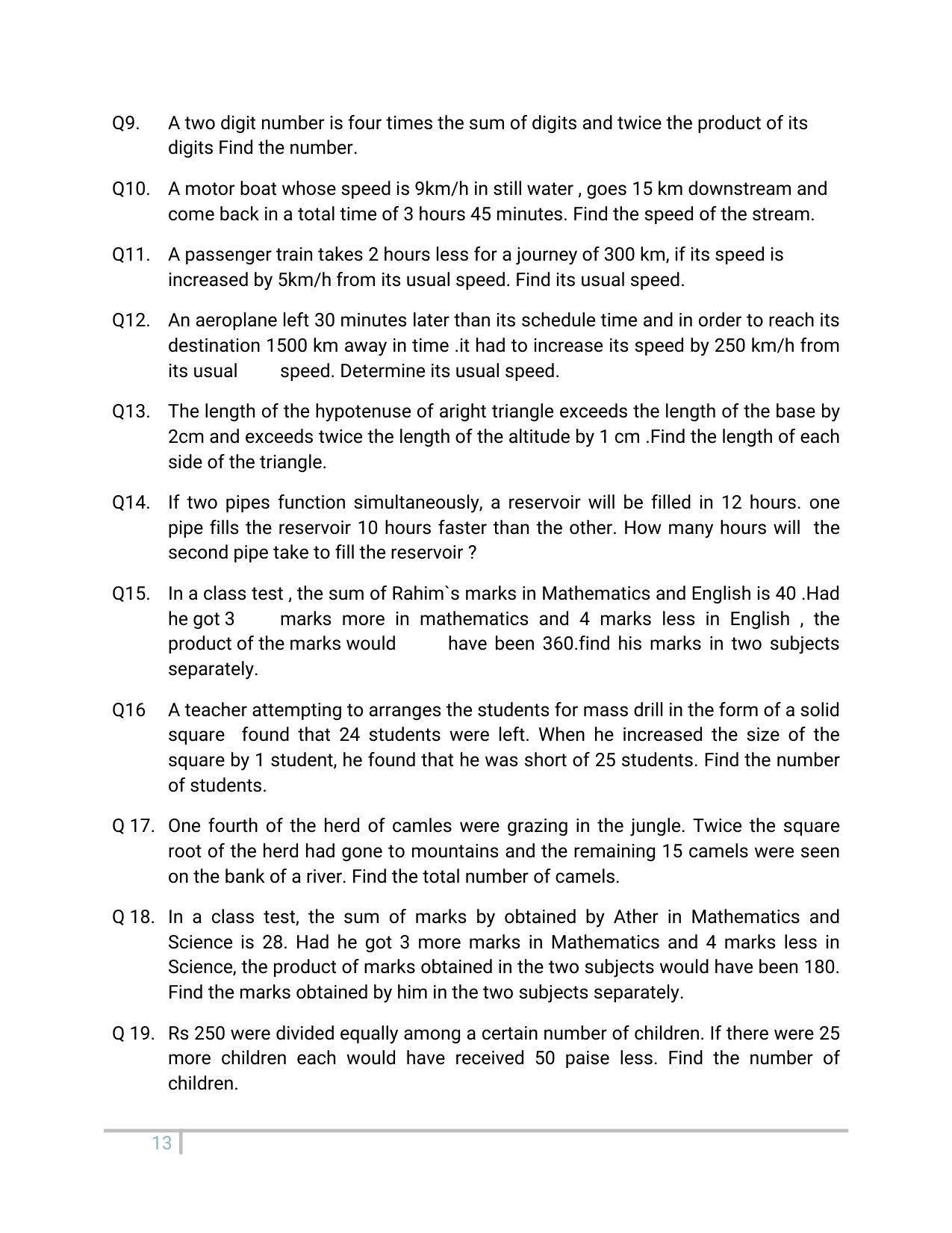 JKBOSE Class 10 Maths: Chapter 4th Quadratic Equation Question Bank - Page 13