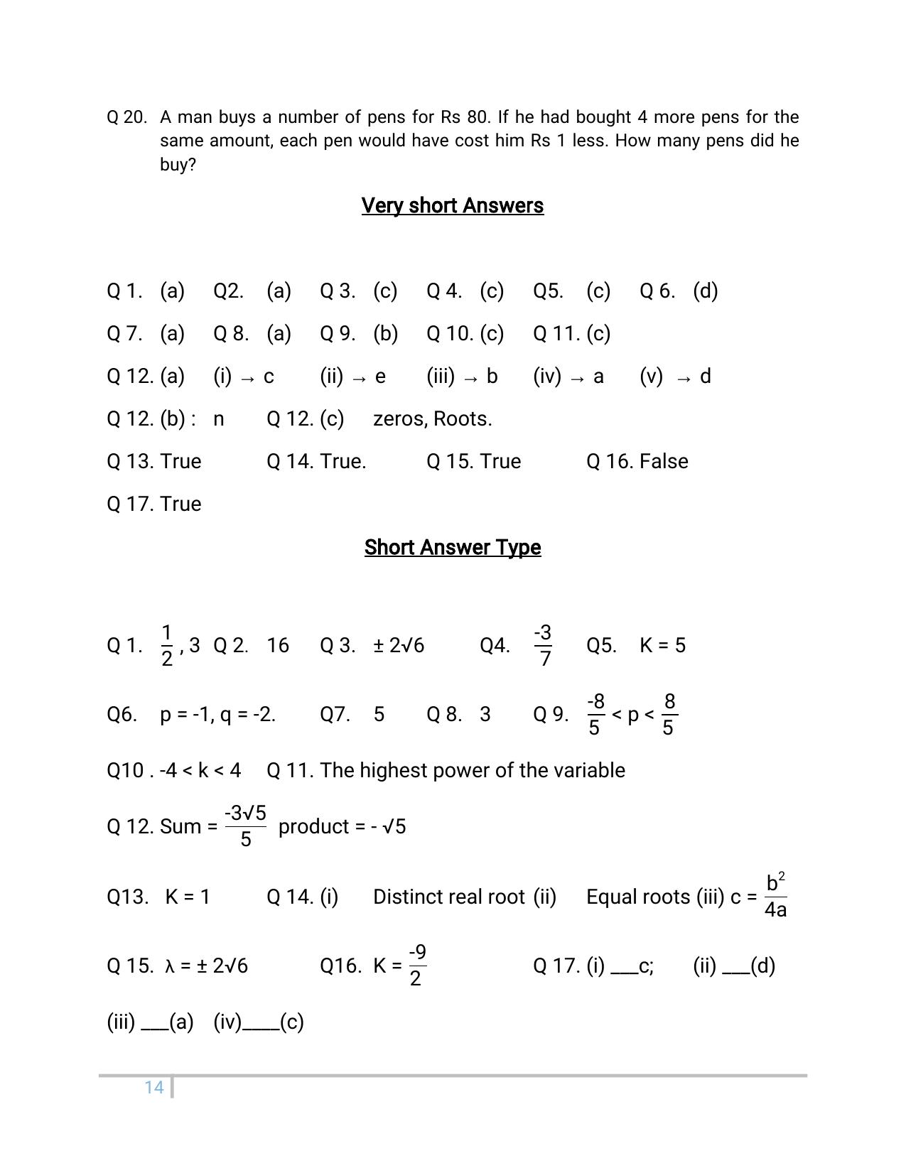 JKBOSE Class 10 Maths: Chapter 4th Quadratic Equation Question Bank - Page 14