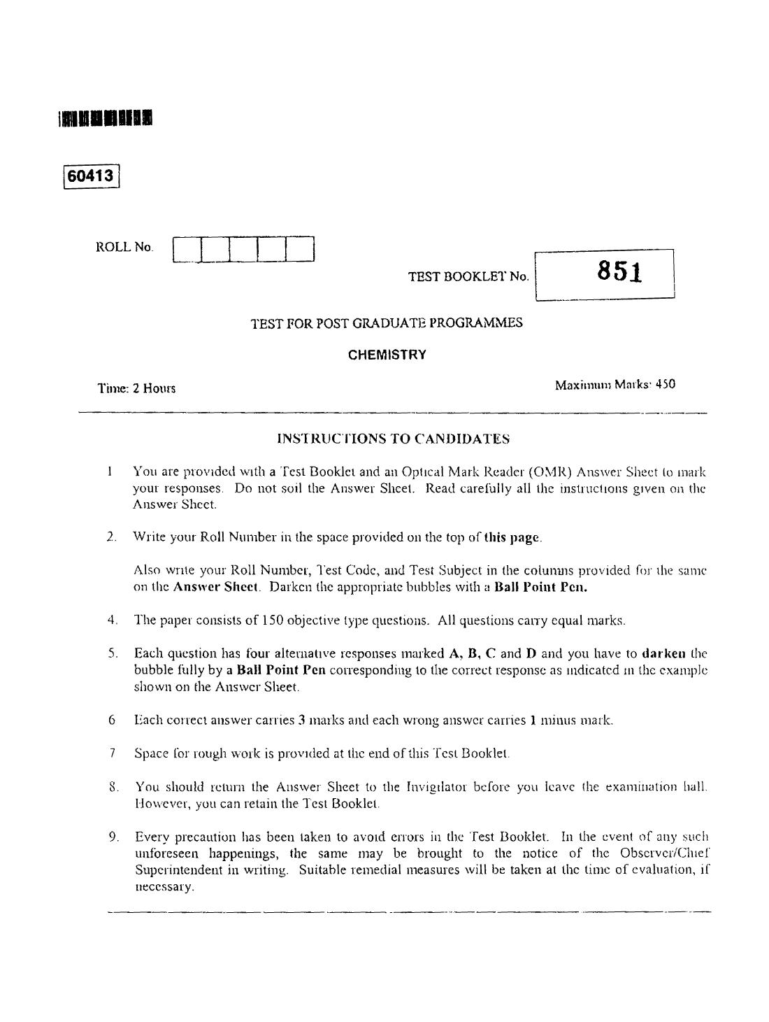 CUSAT CAT 2013 Chemistry Question Paper - Page 1