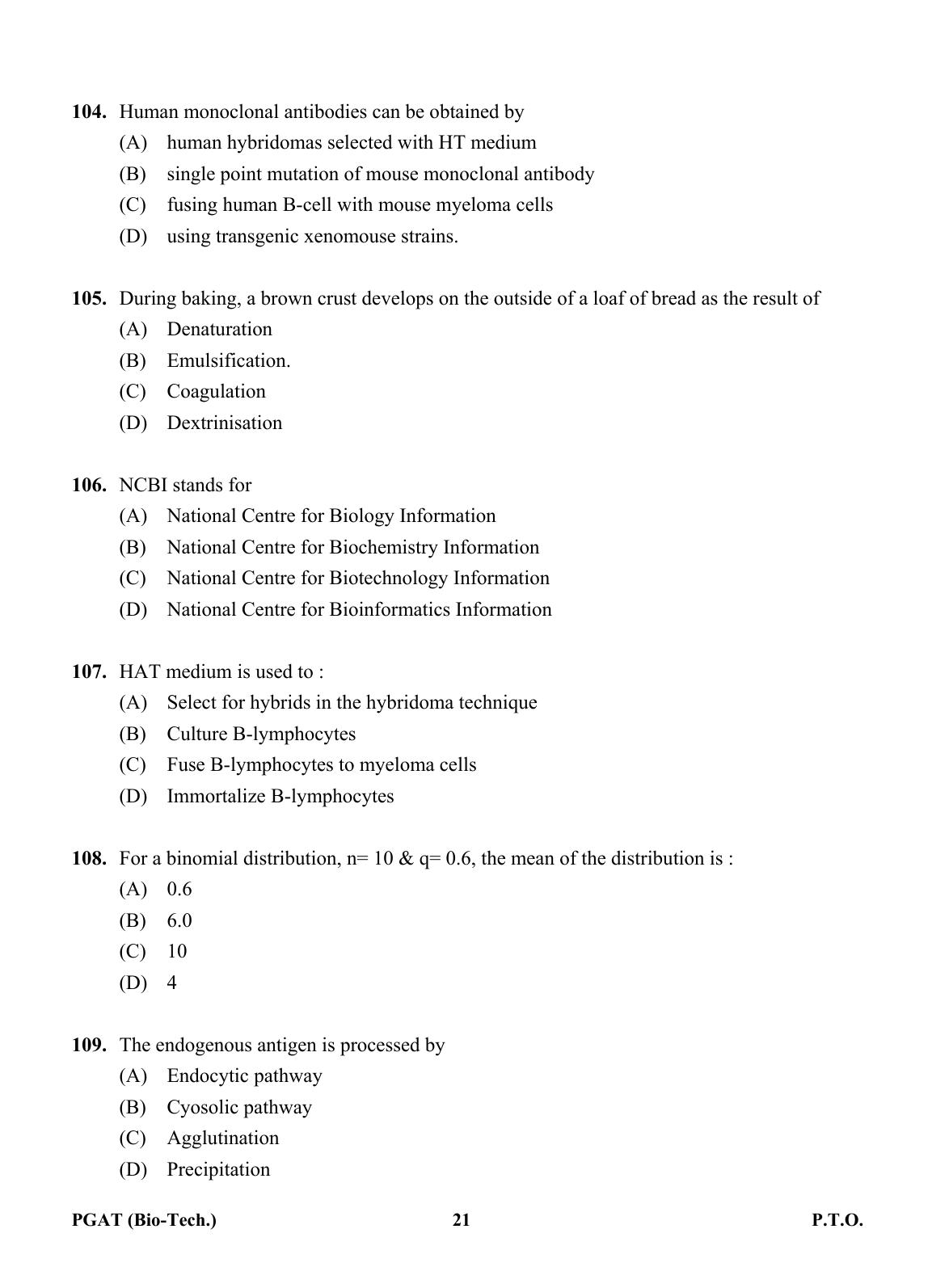 OJEE PGAT 2013 Biotechnology Question Paper - Page 20