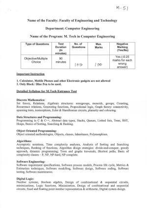 JMI Entrance Exam M51-M.Tech (Computer engg) Syllabus