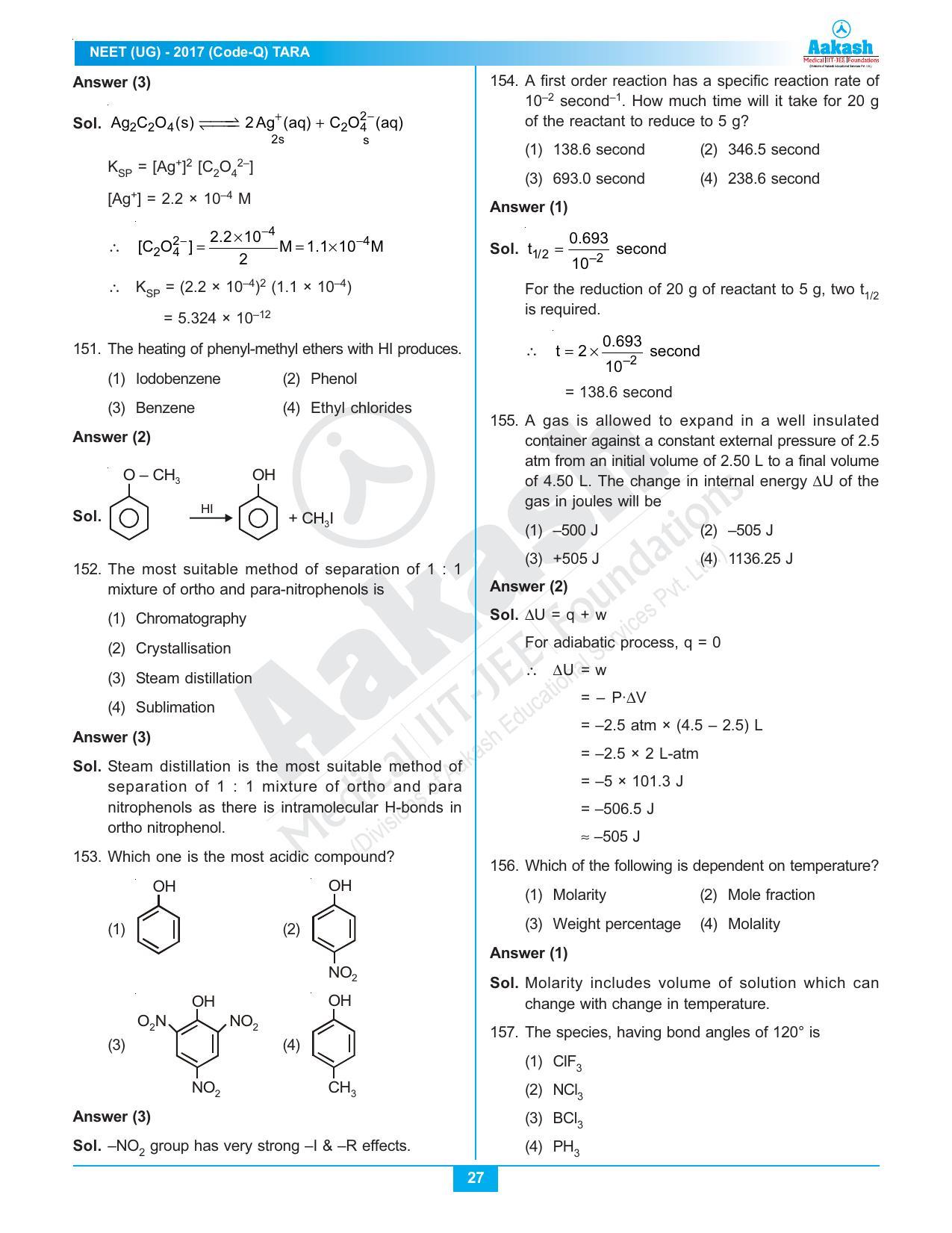  NEET Code Q 2017 Answer & Solutions - Page 27