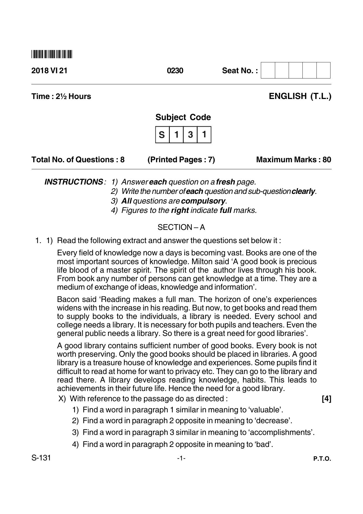 Goa Board Class 10 English T.L. 131 (June 2018) Question Paper - Page 1