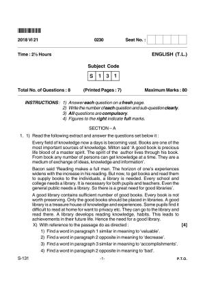 Goa Board Class 10 English T.L. 131 (June 2018) Question Paper