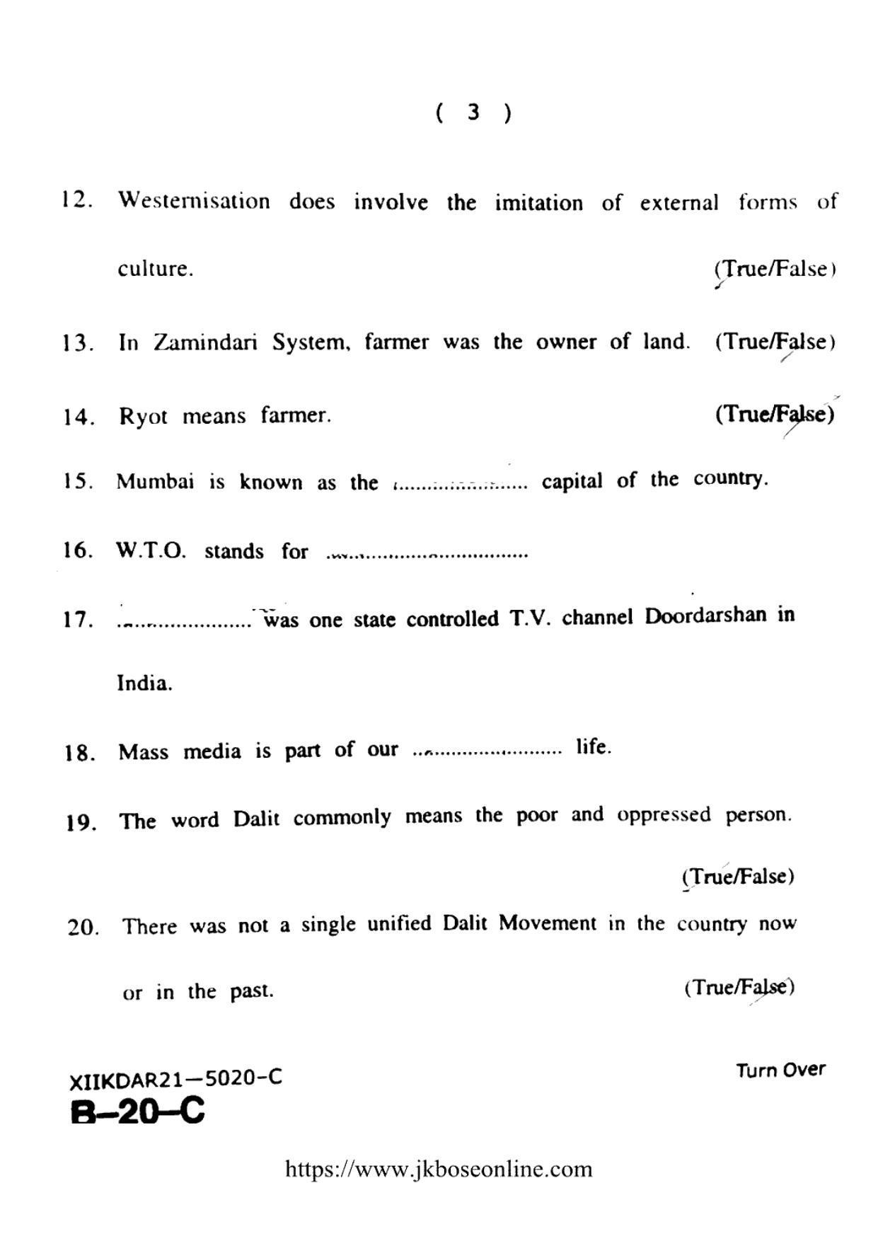 JKBOSE Class 12 Sociology 5020-C Question Papers 2021 - Page 3