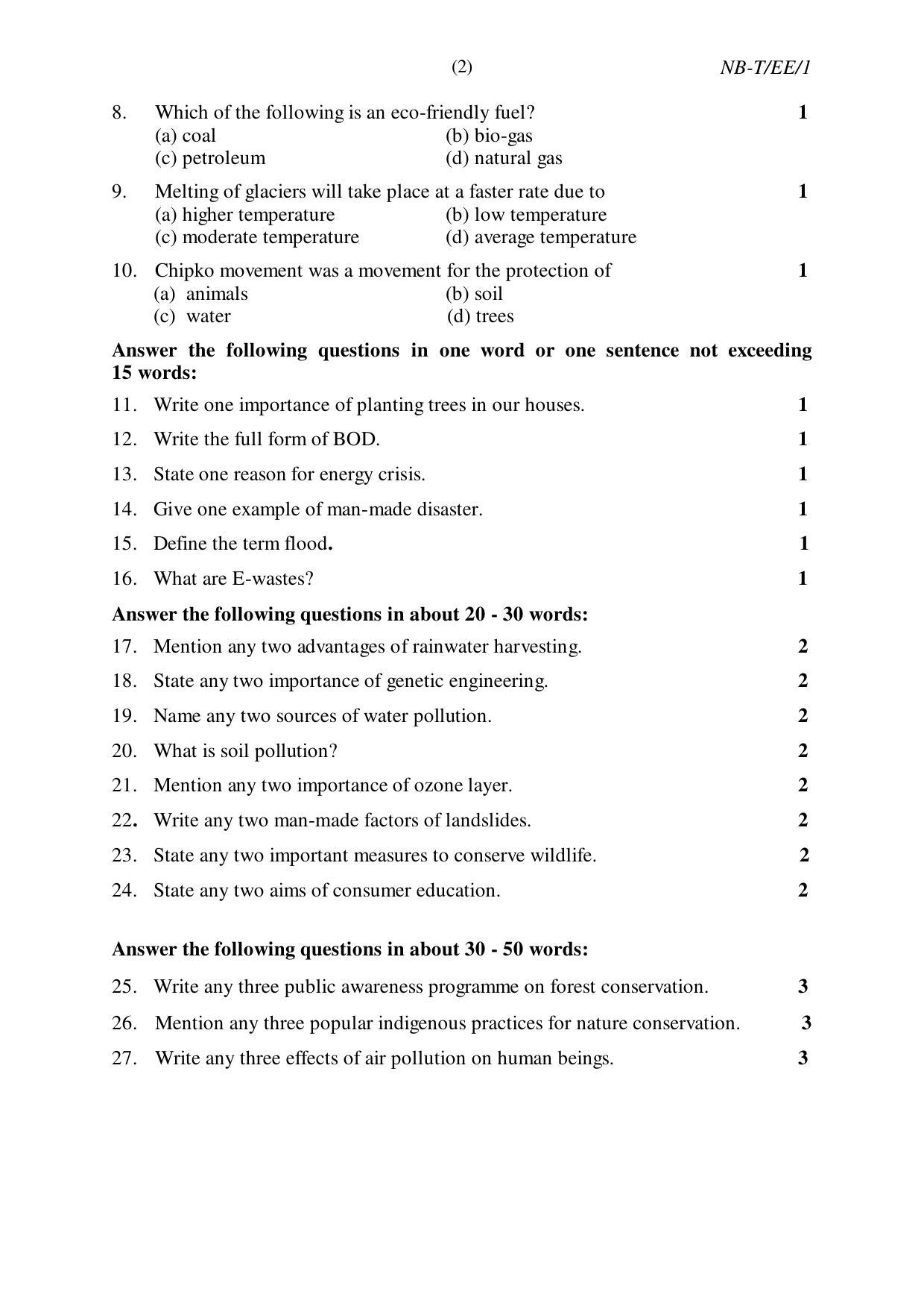 Nagaland Board Class 10 ENVIRONMENTAL EDUCATION 2020 Question Paper - Page 2