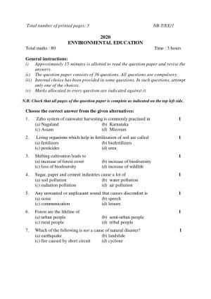 Nagaland Board Class 10 ENVIRONMENTAL EDUCATION 2020 Question Paper