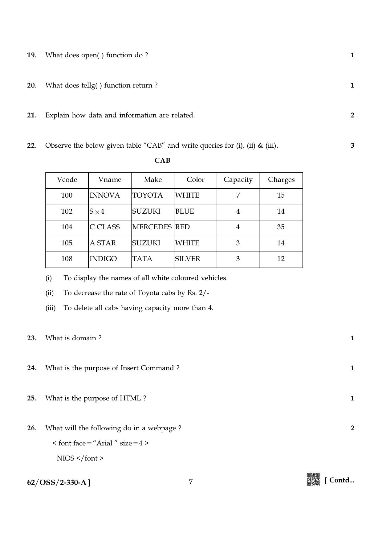 NIOS October 2021 Class 12 Computer Science Question Paper - Page 7