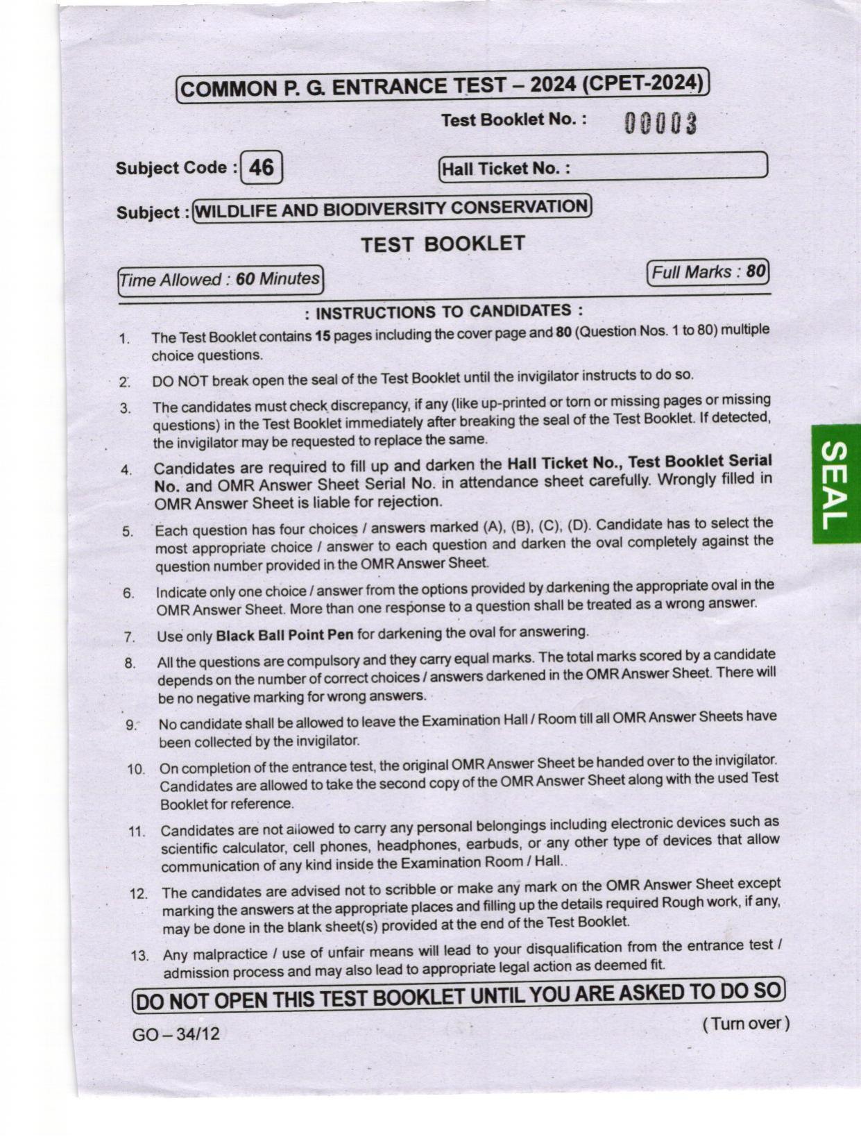 Odisha CPET 2024 WILDLIFE & BC Question Papers - Page 1