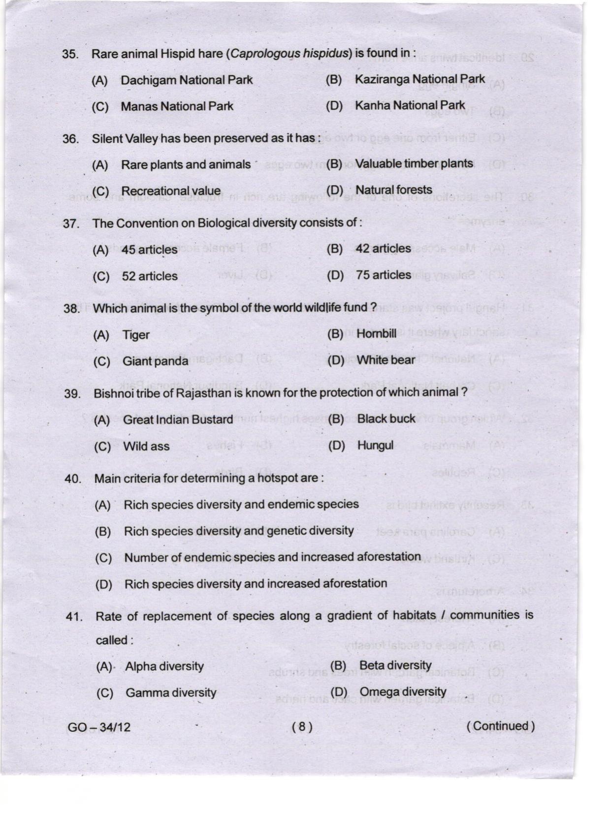 Odisha CPET 2024 WILDLIFE & BC Question Papers - Page 8