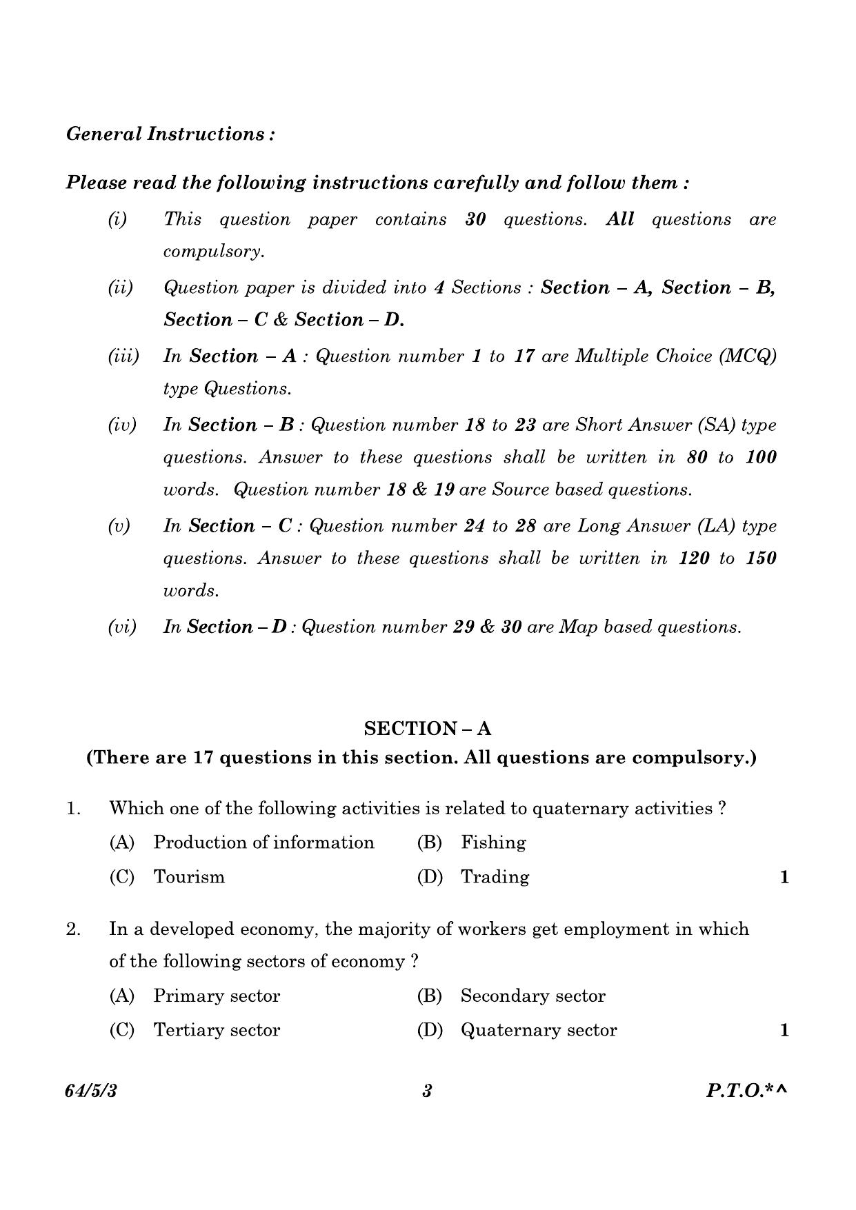 CBSE Class 12 64-5-3 Geography 2023 Question Paper - Page 3