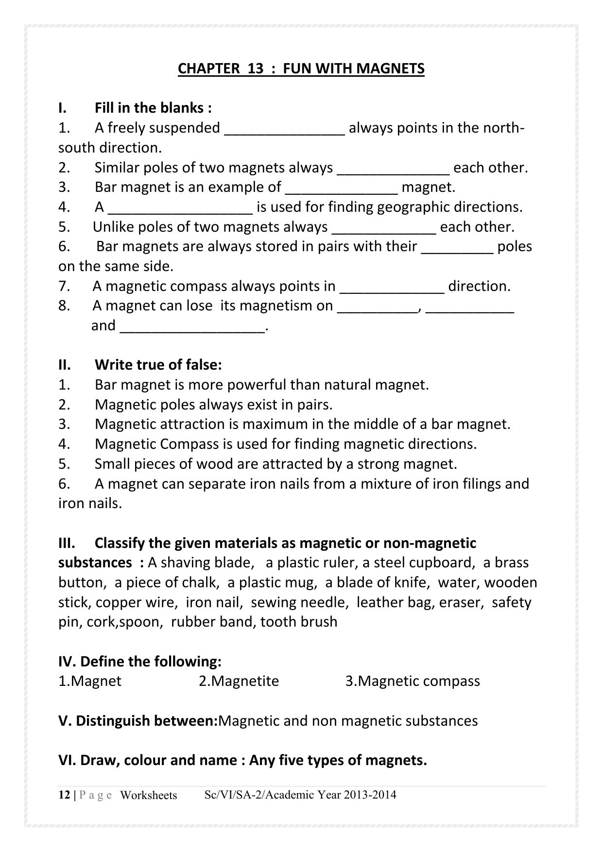 CBSE Worksheets for Class 6 Science Fun with Magnets Assignment 1 - Page 1