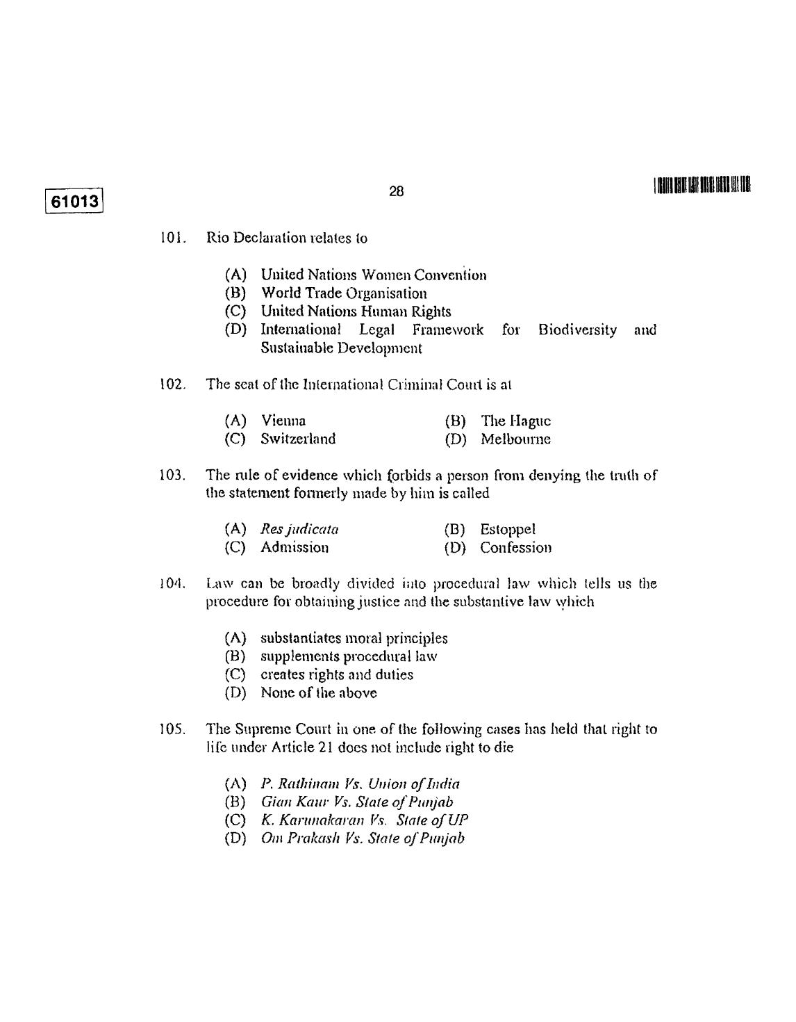 CUSAT CAT 2013 LLM Question Paper - Page 29