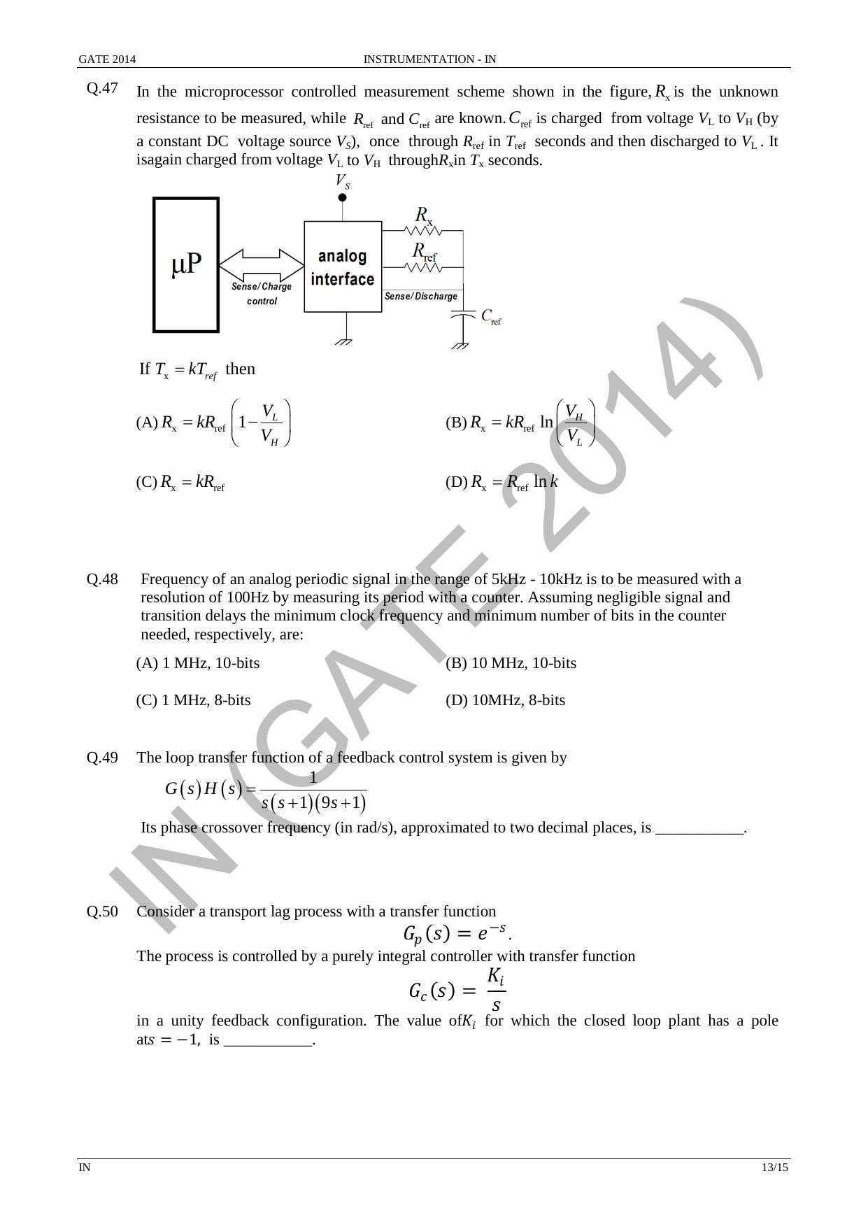 GATE 2014 Instrumentation Engineering (IN) Question Paper with Answer Key - Page 19