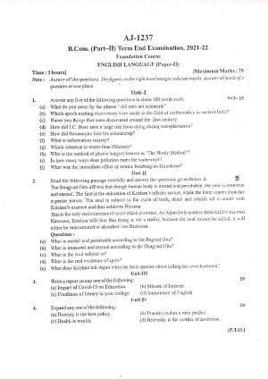 Bilaspur University Question Paper 2021-2022: B.COM Part-II (Two) (10+2+3) FC:English Language Paper 1