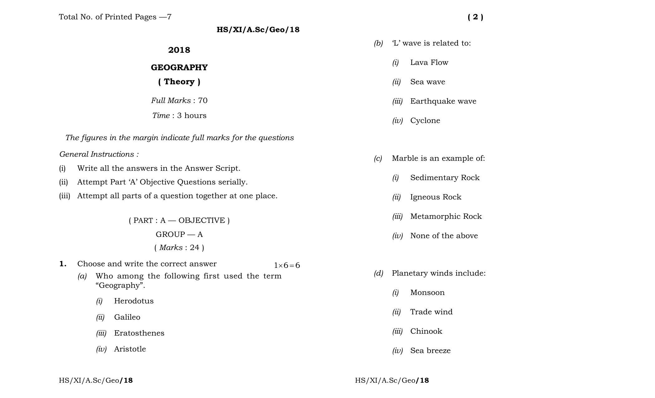 Meghalaya Board (MBOSE) Class 11 Geography 2018 Question Paper - Page 1