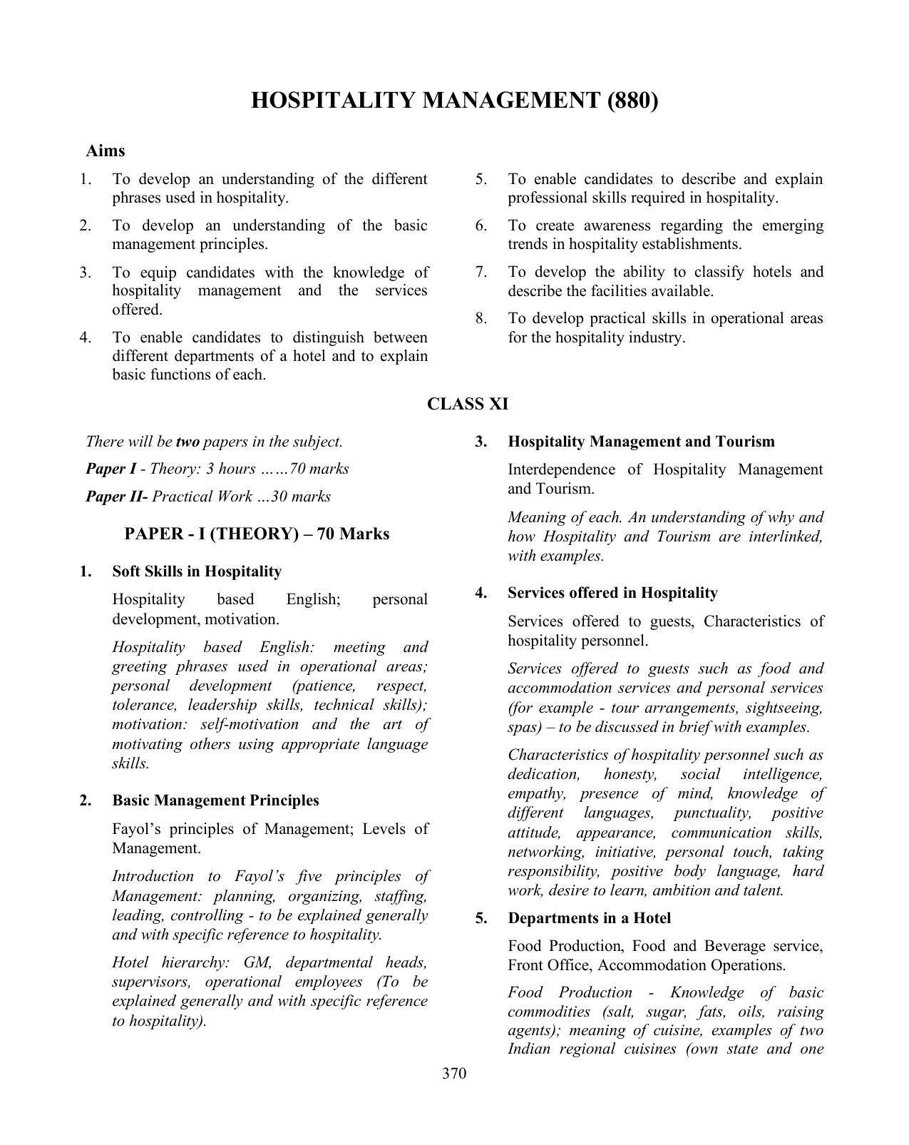ISC Class XI & XII Hospitality Management Syllabus - Page 1