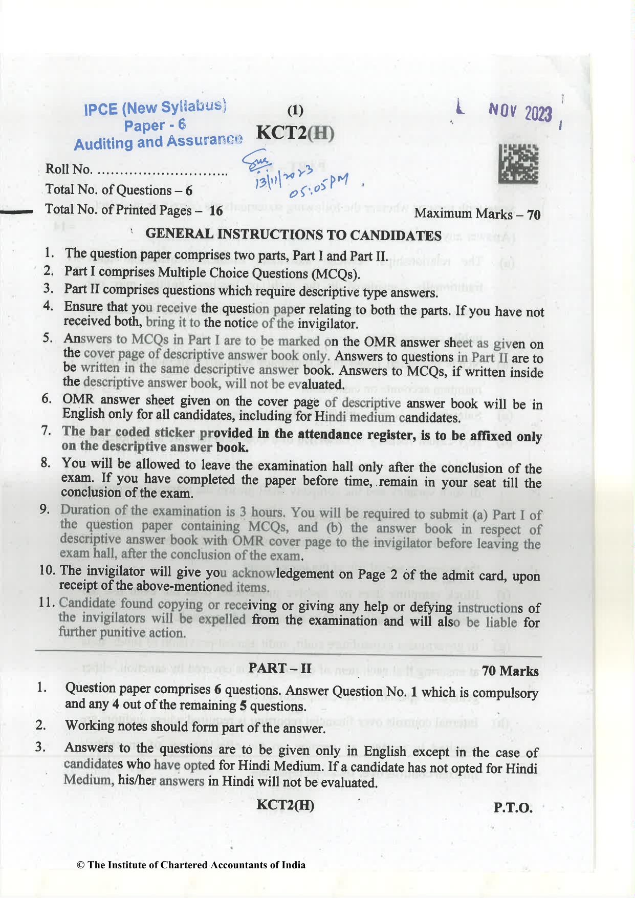 CA Inter Nov 2023 Question Paper - Paper 6 – Auditing and Assurance - Page 1