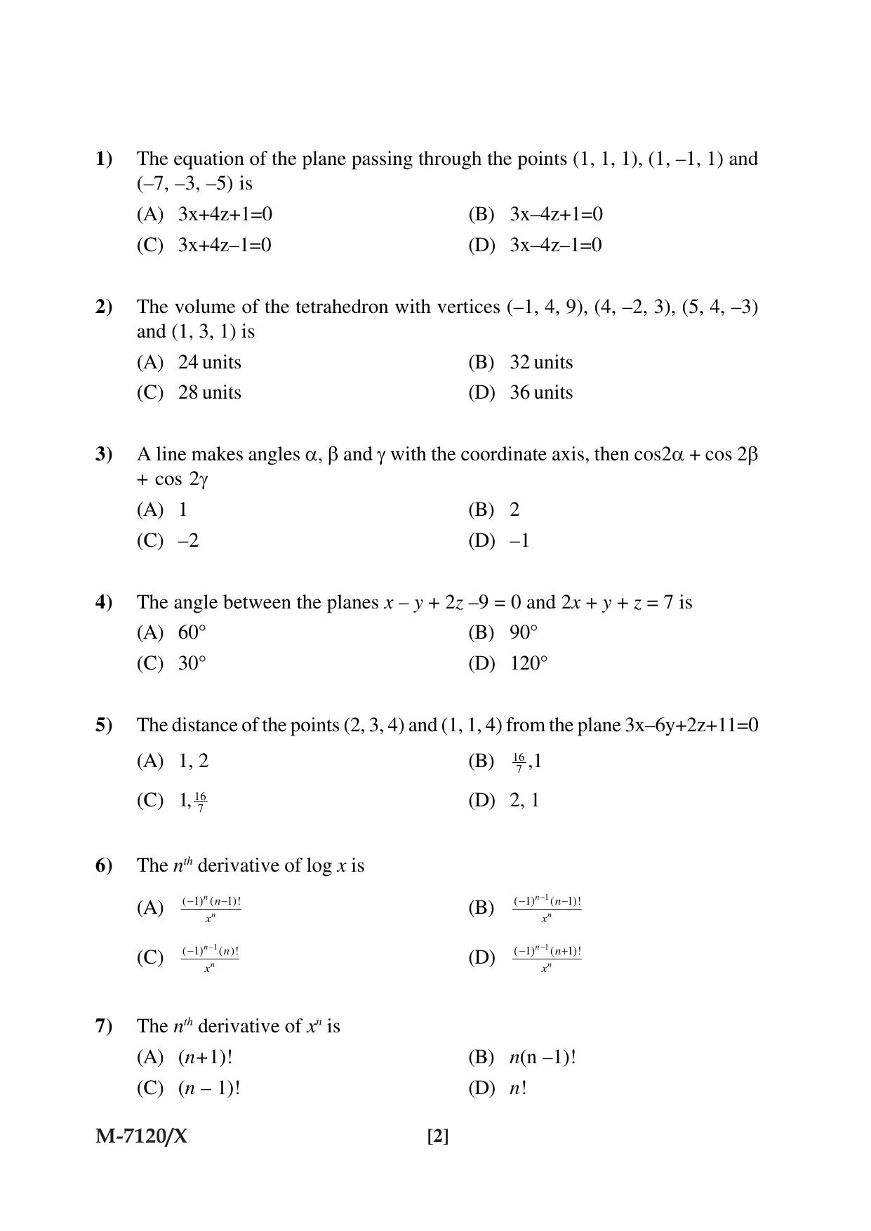 Mysore University PG Entrance Exam 2019: Mathematics Question Paper - Page 2
