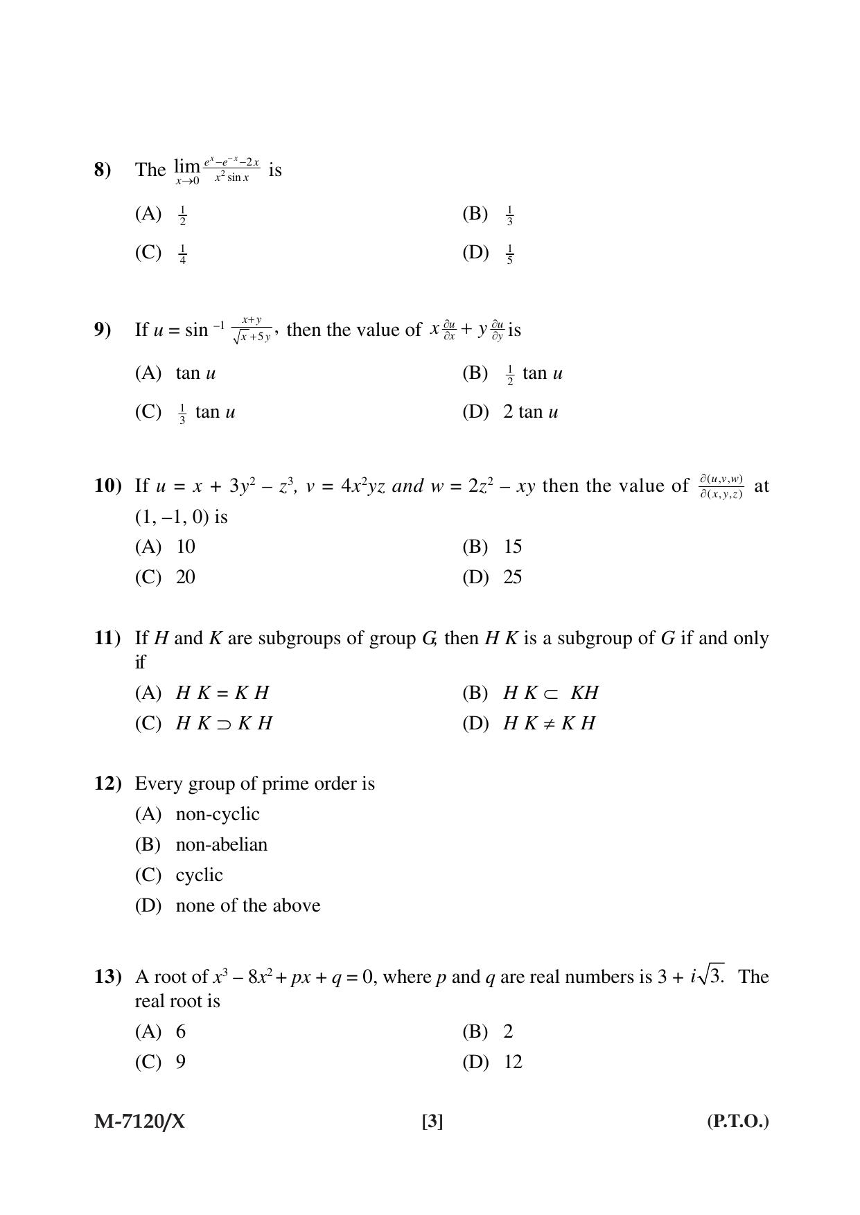 Mysore University PG Entrance Exam 2019: Mathematics Question Paper - Page 3