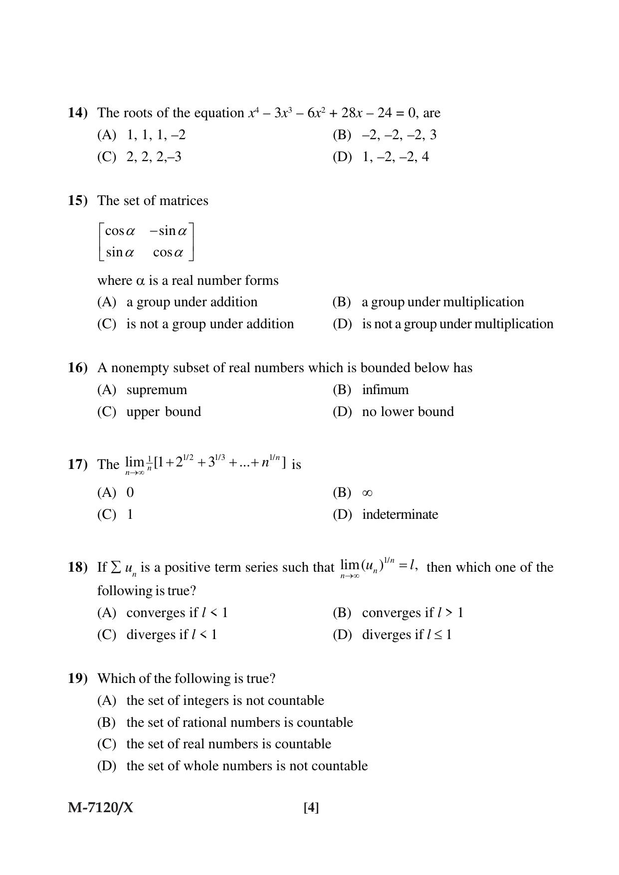 Mysore University PG Entrance Exam 2019: Mathematics Question Paper - Page 4