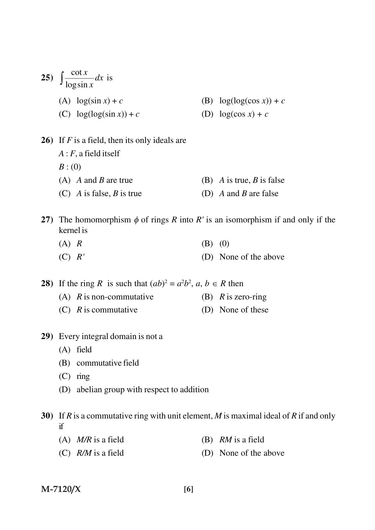 Mysore University PG Entrance Exam 2019: Mathematics Question Paper - Page 6